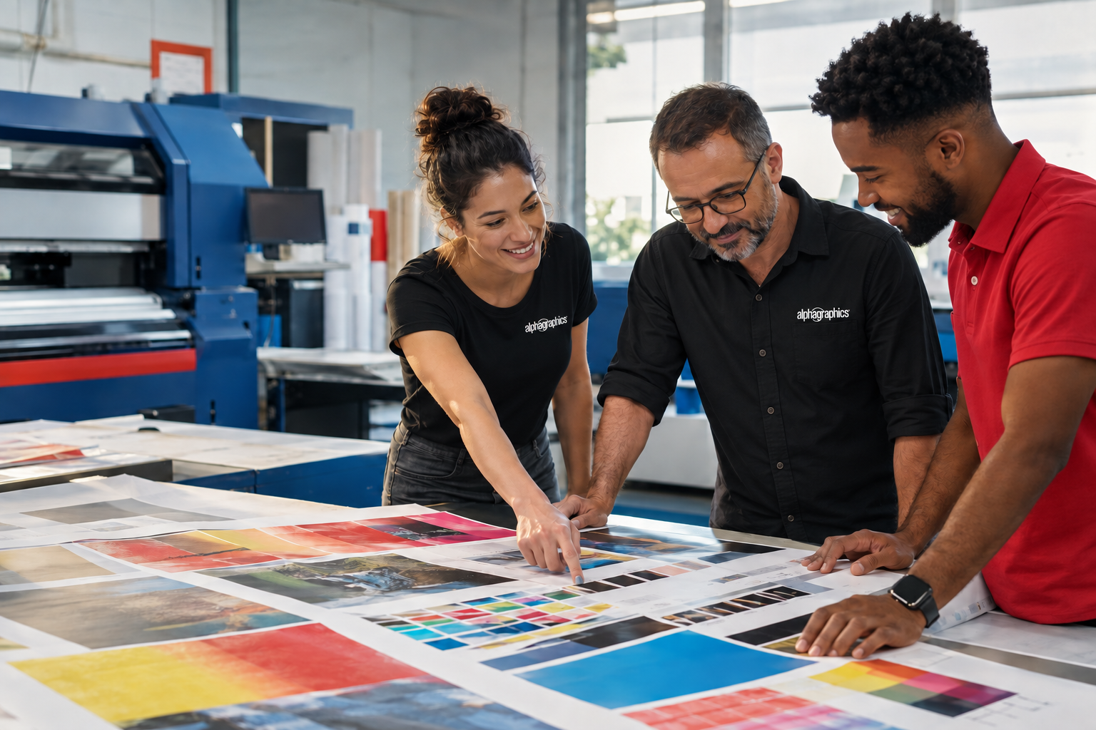 Equipe colaborando na produção de materiais gráficos